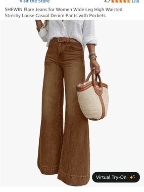 High-Rise Brown Wide-Leg Flare Jeans with Belt